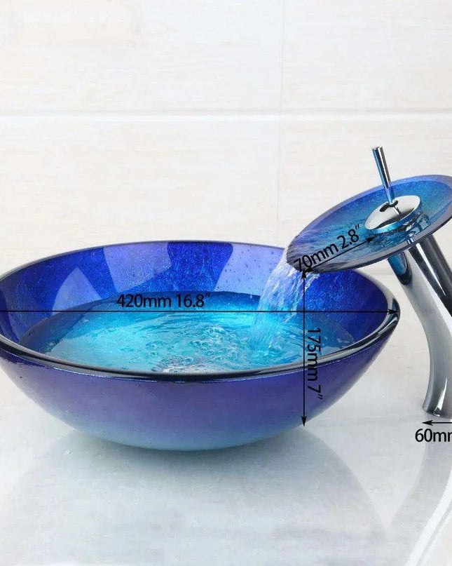 Elegant Blue Glass Round Vessel Sink and Chrome Faucet Set with Pop-Up Drain Kit