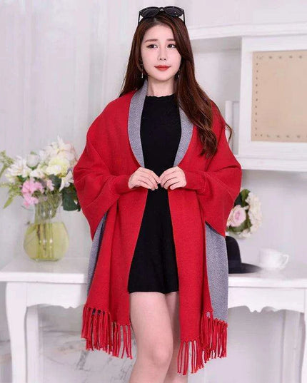 Elegant Black Tassel Poncho Scarf - Stylish Women's Winter Wrap for Warmth and Versatility