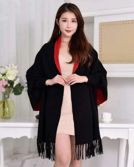 Elegant Black Tassel Poncho Scarf - Stylish Women's Winter Wrap for Warmth and Versatility