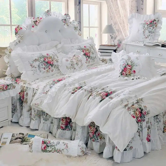 Shop211891 Luxury White Princess Bedding Set, 100% Cotton, Floral Ruff