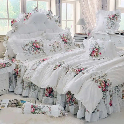Shop211891 Luxury White Princess Bedding Set, 100% Cotton, Floral Ruff