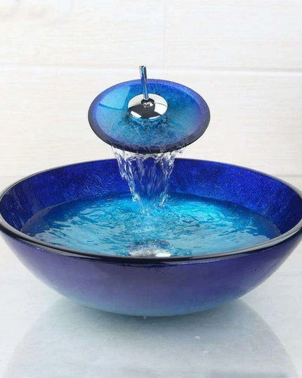 Elegant Blue Glass Round Vessel Sink and Chrome Faucet Set with Pop-Up Drain Kit