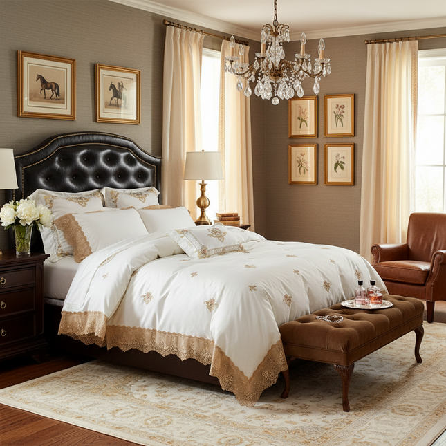 Luxury Golden Embroidery Lace Bedding Set – Soft White