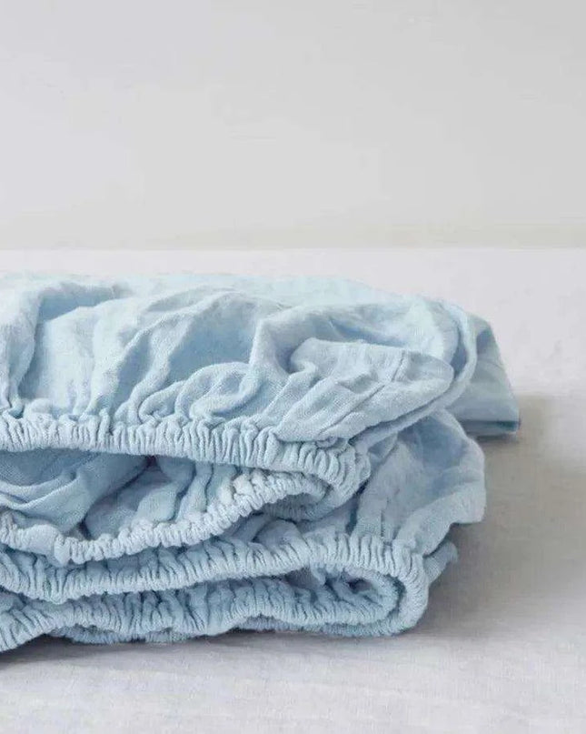 Serene Linen Fitted Sheet in Tranquil Sky Blue and Modern Purple Gray