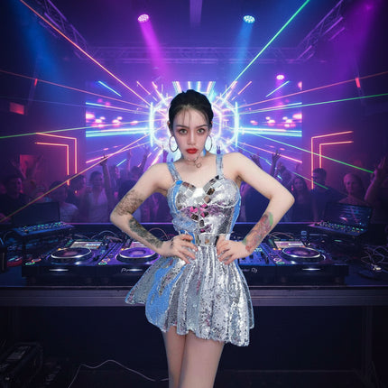 Dazzling Silver Sequin Off-Shoulder Dance Gown