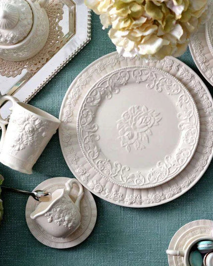 Sophisticated Rose-Embossed Ceramic Coffee Mug Set with Matching Plates and Bowls - Elevate Your Dining Experience