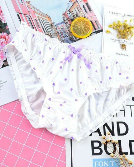 Charming Ruffled Satin Heart Print Panties for Women - Delightfully Cute Seamless Underwear