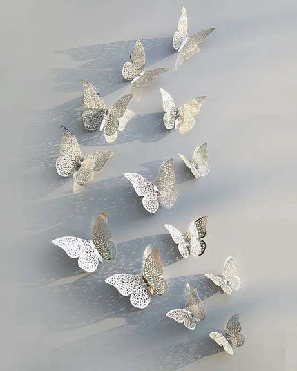 Set of 12 Elegant 3D Butterfly Wall Stickers - Self-Adhesive Decorative Accents in Gold and Silver for Home and Event Decor