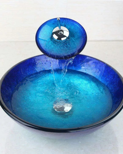 Elegant Blue Glass Round Vessel Sink and Chrome Faucet Set with Pop-Up Drain Kit