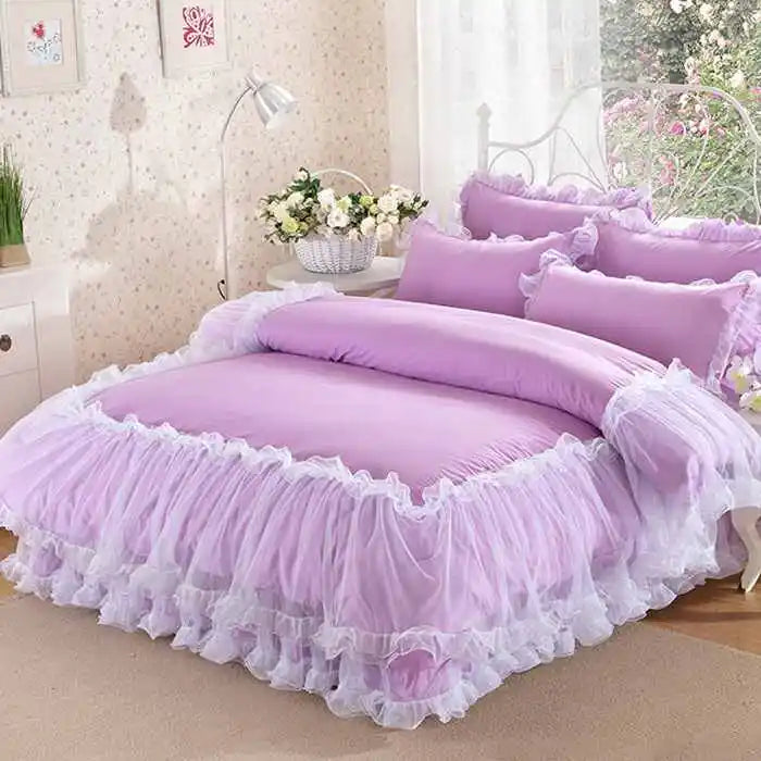 Solid Color Lace Bedding Set - King Queen Size Princess Style