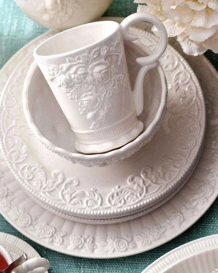 Sophisticated Rose-Embossed Ceramic Coffee Mug Set with Matching Plates and Bowls - Elevate Your Dining Experience