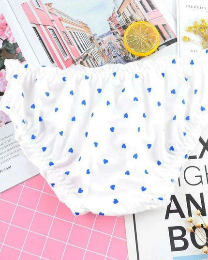 Charming Ruffled Satin Heart Print Panties for Women - Delightfully Cute Seamless Underwear