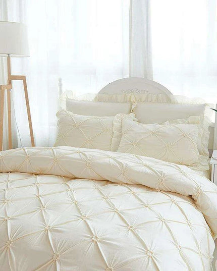 Beige Handmade Pleated Princess Quilt Set with Ruffles - 100% Cotton Luxury Bedding
