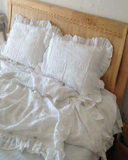 Ruffled White Washed Linen Duvet Cover - Luxurious French Flax Bedding for Queen and King Size Beds