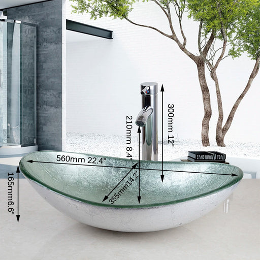 Modern Contemporary Art Design Oval Bathroom Glass Sink Faucet Set with Premium Tempered Glass Construction