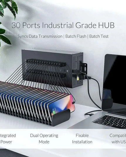 30-Port Heavy-Duty USB Hub with Built-In SD Card Reader for Enhanced Data Transfer and Charging