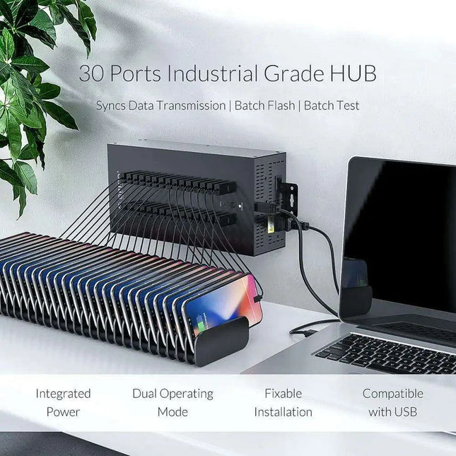 30-Port Heavy-Duty USB Hub with Built-In SD Card Reader for Enhanced Data Transfer and Charging