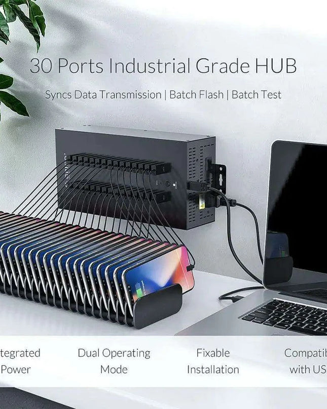 30-Port Heavy-Duty USB Hub with Built-In SD Card Reader for Enhanced Data Transfer and Charging