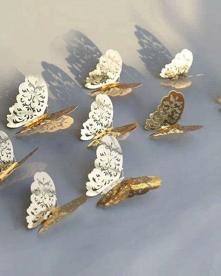Set of 12 Elegant 3D Butterfly Wall Stickers - Self-Adhesive Decorative Accents in Gold and Silver for Home and Event Decor