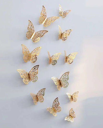 Set of 12 Elegant 3D Butterfly Wall Stickers - Self-Adhesive Decorative Accents in Gold and Silver for Home and Event Decor