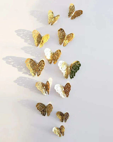 Set of 12 Elegant 3D Butterfly Wall Stickers - Self-Adhesive Decorative Accents in Gold and Silver for Home and Event Decor