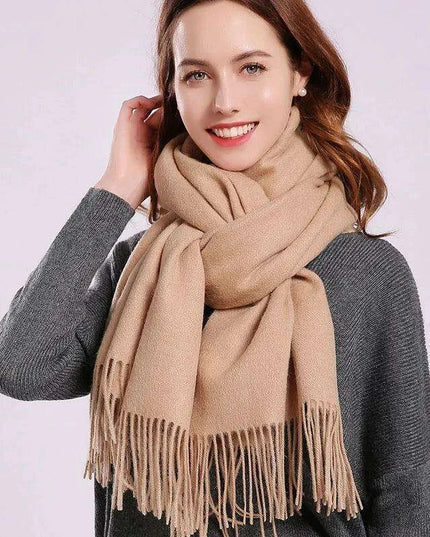 Elegant Beige Wool Scarf with Trendy Tassels - A Must-Have Accessory for Stylish Women