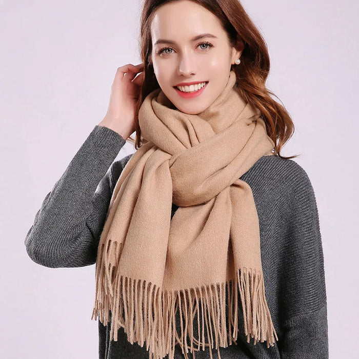 Chic Beige Wool Scarf with Tassel Detail - Luxe Neck Wrap for Stylish Women