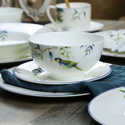 Colorful Parrot-Themed Porcelain Dining Collection: Bowl, Cup, Saucer, and Serving Tray