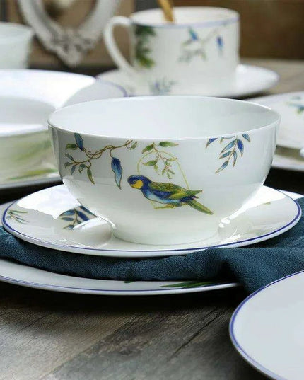 Colorful Parrot-Themed Porcelain Dining Collection: Bowl, Cup, Saucer, and Serving Tray