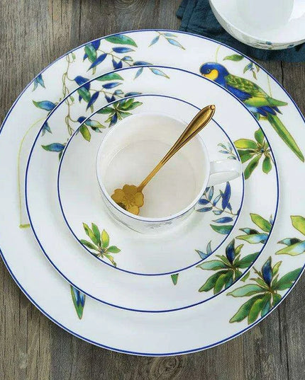 Colorful Parrot-Themed Porcelain Dining Collection: Bowl, Cup, Saucer, and Serving Tray