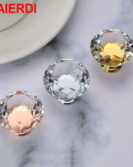 Luxurious Diamond-Shaped Glass Knobs with Elegant Gold Accents for Home Decor Upgrade