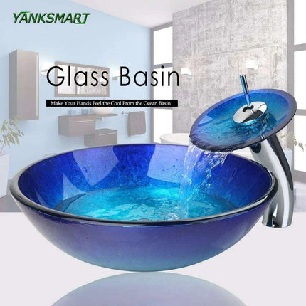 Elegant Blue Glass Round Vessel Sink and Chrome Faucet Set with Pop-Up Drain Kit