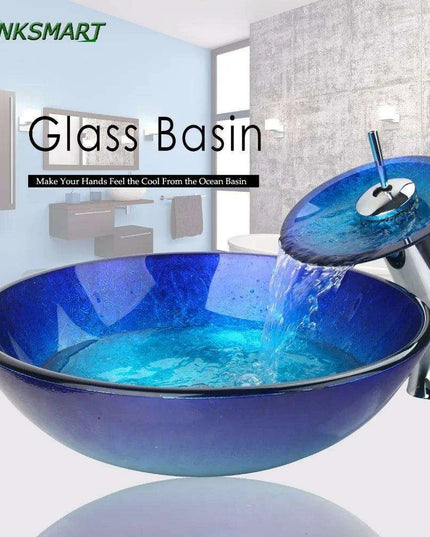 Elegant Blue Glass Round Vessel Sink and Chrome Faucet Set with Pop-Up Drain Kit