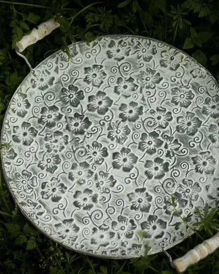 Antique-Style Round Metal Serving Tray with Rustic Wooden Handles for Cakes and Breads