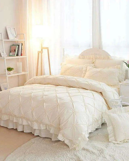 Beige Handmade Pleated Princess Quilt Set with Ruffles - 100% Cotton Luxury Bedding
