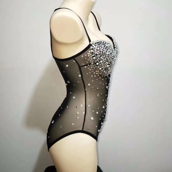 Captivating Midnight Glam Rhinestone Pearl Bodysuit: Own the Spotlight