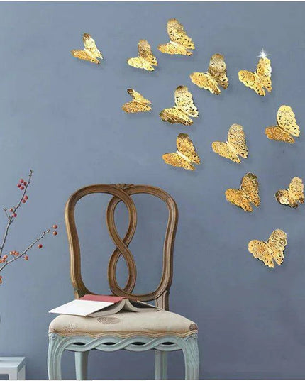 Set of 12 Elegant 3D Butterfly Wall Stickers - Self-Adhesive Decorative Accents in Gold and Silver for Home and Event Decor
