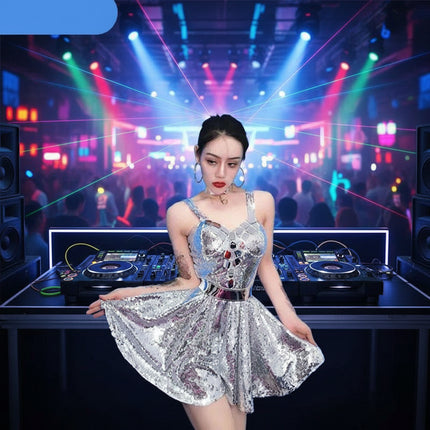 Dazzling Silver Sequin Off-Shoulder Dance Gown