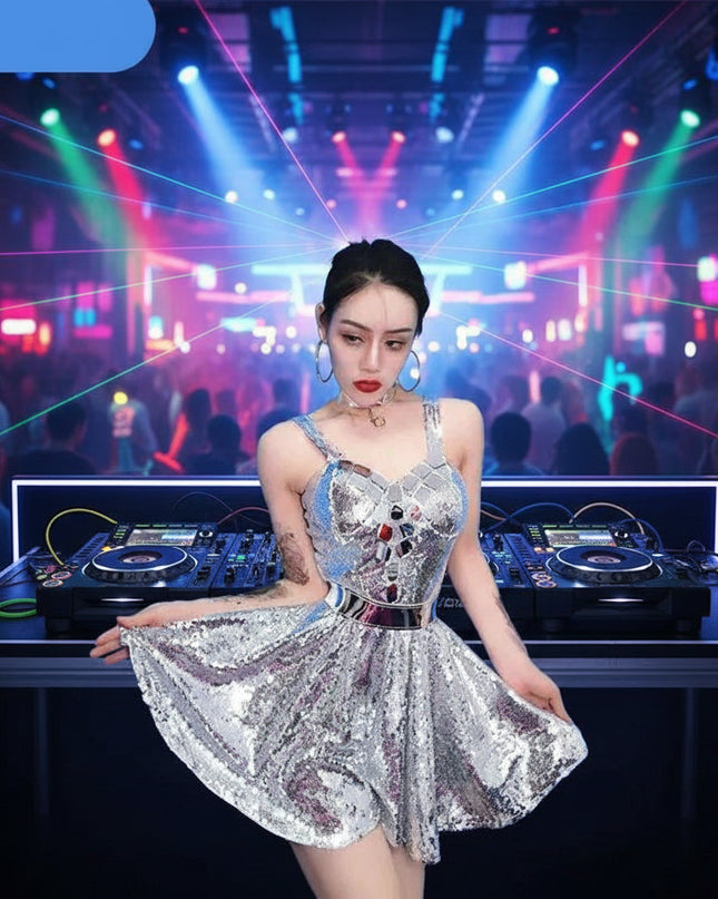 Dazzling Silver Sequin Off-Shoulder Dance Gown