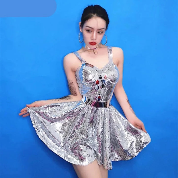Shimmering Nights: Off-Shoulder Silver Sequins Dress for Dazzling Effects