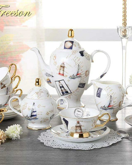 Elegant Bone China Tea and Coffee Service - Premium Porcelain Teapot, Creamer, Sugar Bowl, and Cups for Luxurious Teatime Gatherings