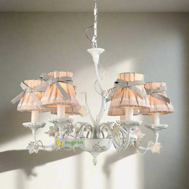 Sophisticated Blush Pink LED Chandelier – Stylish Fabric Shade Lighting for Every Room