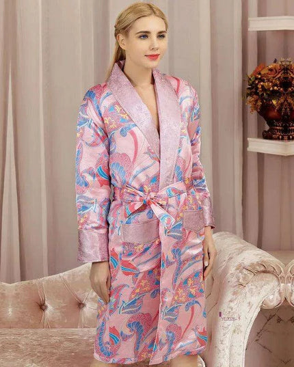 Elegant Winter Silk Robe: Stylish Long-Sleeved Printed Loungewear for Cozy Comfort