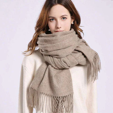 Elegant Beige Wool Scarf with Trendy Tassels - A Must-Have Accessory for Stylish Women