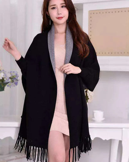 Elegant Black Tassel Poncho Scarf - Stylish Women's Winter Wrap for Warmth and Versatility