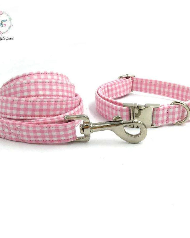 Charming Custom Pink & White Dog Collar and Leash Ensemble with Bow Tie