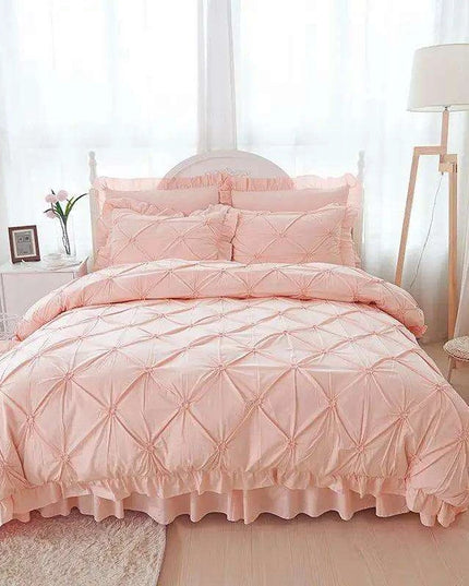 Beige Handmade Pleated Princess Quilt Set with Ruffles - 100% Cotton Luxury Bedding