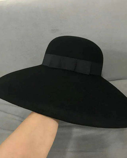 Elegant Black Felt Wide Brim Floppy Hat with Satin Ribbon - Perfect for Winter Celebrations and Chic Events