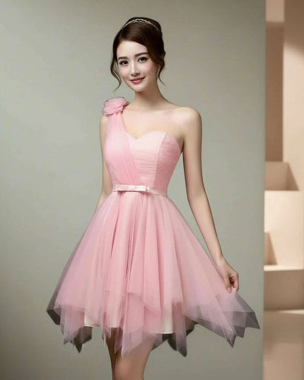 One-Shoulder Mesh Cocktail Dress for Bridesmaids and Special Occasions