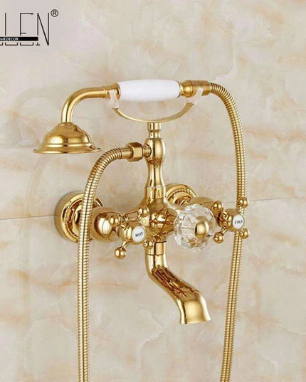 Luxurious Gold Brass Bathtub Faucet with Crystal Accents and Hand Shower